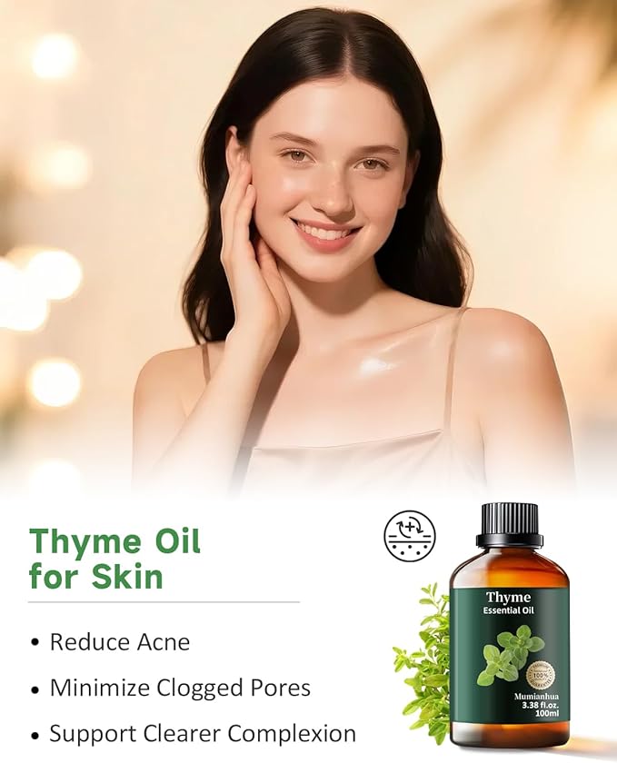 Pure Thyme Essential Oil for Outdoor Shield, Patio & Garden Protection, Natural Barrier Spray for Unwanted Distractions, Reed Diffuser, Aromatherapy, Hair, Skin,Massage, Soap,Candle Making 3.38 Fl Oz