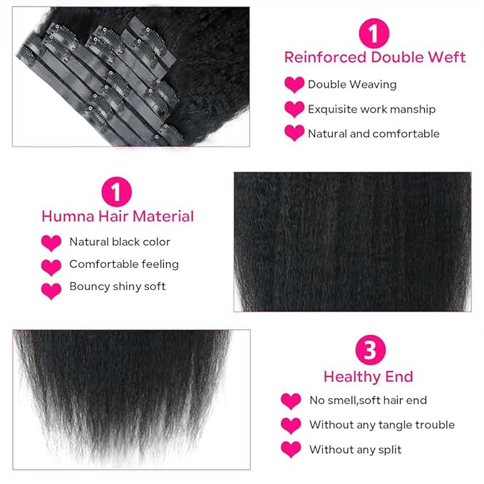 Seamless Kinky Straight Clip in Hair Extensions for Black Women Brazilian Virgin Human Hair Extensions 8Pcs Seamless Clip ins Human Hair with 18Clips Invisible PU Skin Weft 120g 14inch Natural Black