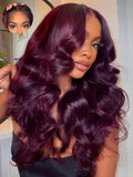 KLAIYI Black Cherry Loose Body Wave Pre Eeverything 13x4 Lace Frontal Wigs Human Hair Bye Bye Knots Glueless Ready to Wear and Go Wig with Face Framing Bangs Drawstring Pre Plucked Burgundy Wig 16Inch