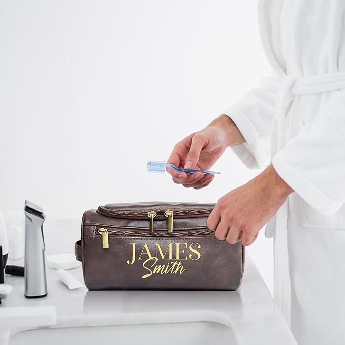 Personalized Toiletry Bag for Men, Engraved Name Initials Toiletry Bag, Customized Monogram Travel Shaving Dopp Kit for Groomsmen, Gift for Christmas, Birthday, Dad, Husband (Brown)