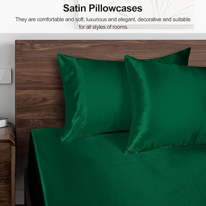 Lirex Satin Pillowcase for Hair and Skin, Super Soft and Cooling Similar to Silk, 2 Pack Queen Size 20"X 30" Pillow Cases with Envelope Closure, Gifts for Women Men, Green