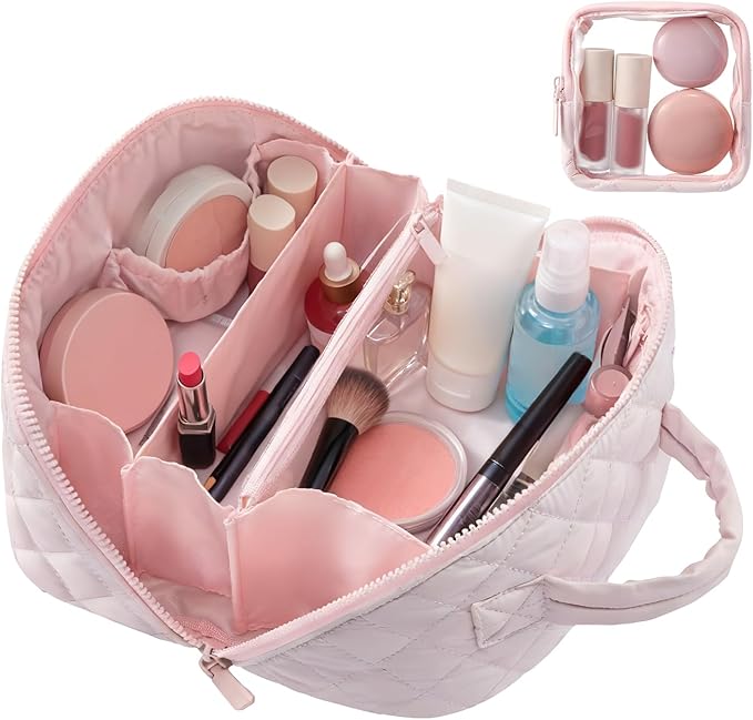 Cosmetic Bag for Travel, Large Capacity Pouch Purse Organizer, Waterproof Puffy Padded Make Up Toiletry Bag for Women (Pink)