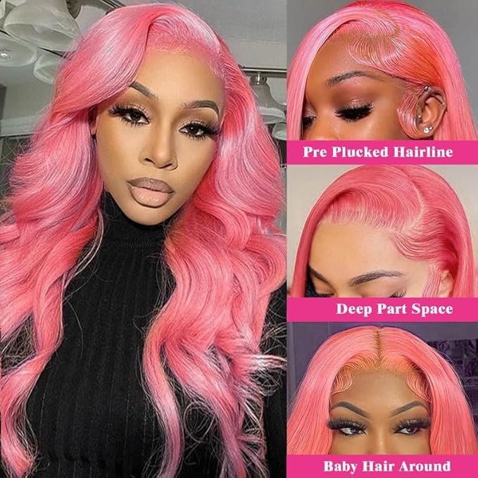 Pink Lace Front Wig Human Hair 12A 13x4 200 Density Body Wave Pink Frontal Hd Lace Pre Plucked With Baby Hair Glueless Wig 32 Inch