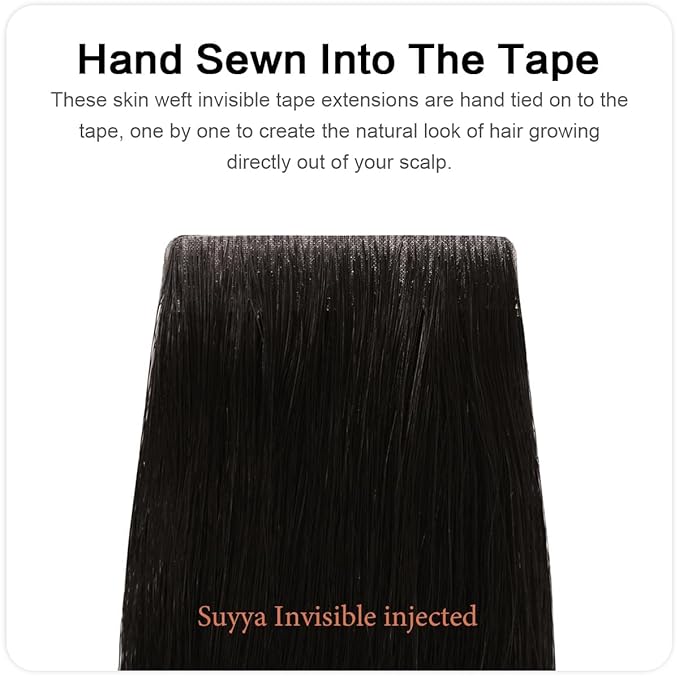 SUYYA Invisible Tape in Hair Extensions Human Hair Natural Black Seamless Injected Hand-Tied Pro Quality Virgin Human Hair 20PCS 50G/Pack Straight Tape Ins(20 inch #1B Off Black)
