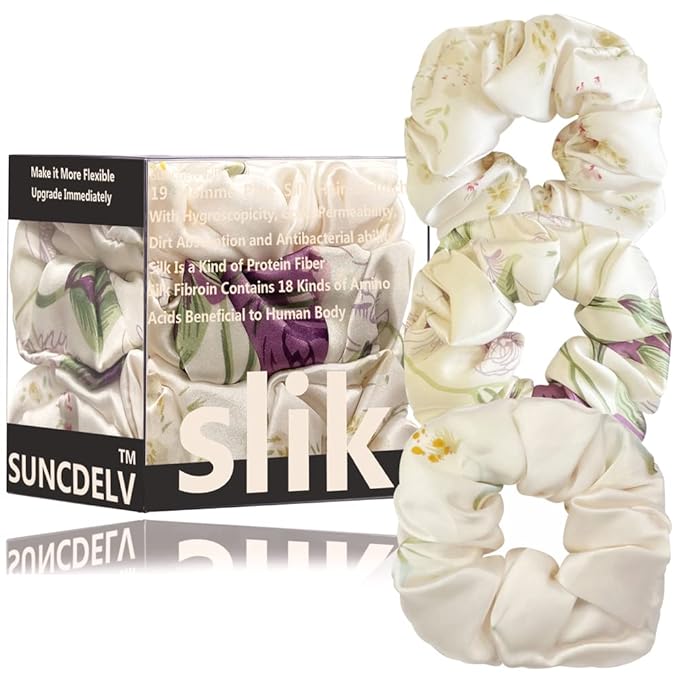 Suncdelv Silk,100% Silk Scrunchies for Hair,22 Momme Hair Ties for Anti-Crease & Breakage,Natural Women Hair Accessories，Fashion Hairbands 3PCS（Flower）