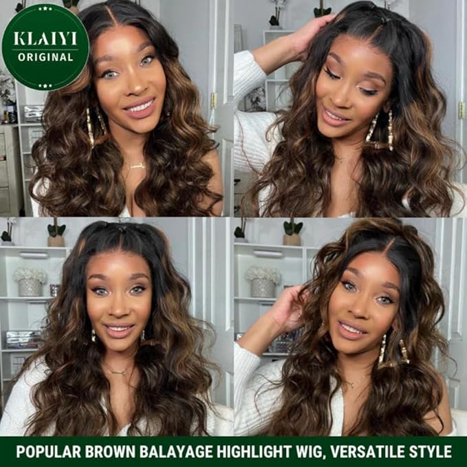 KLAIYI Bye Bye Knots Glueless Wig Ombre Brown Body Wave Pre Cut 7x5 Lace Front Wigs Human Hair Pre Plucked Pre Bleached Pre Everything Wear and Go Wig 12A Highlight Balayage 30S Ready To Go 18Inch