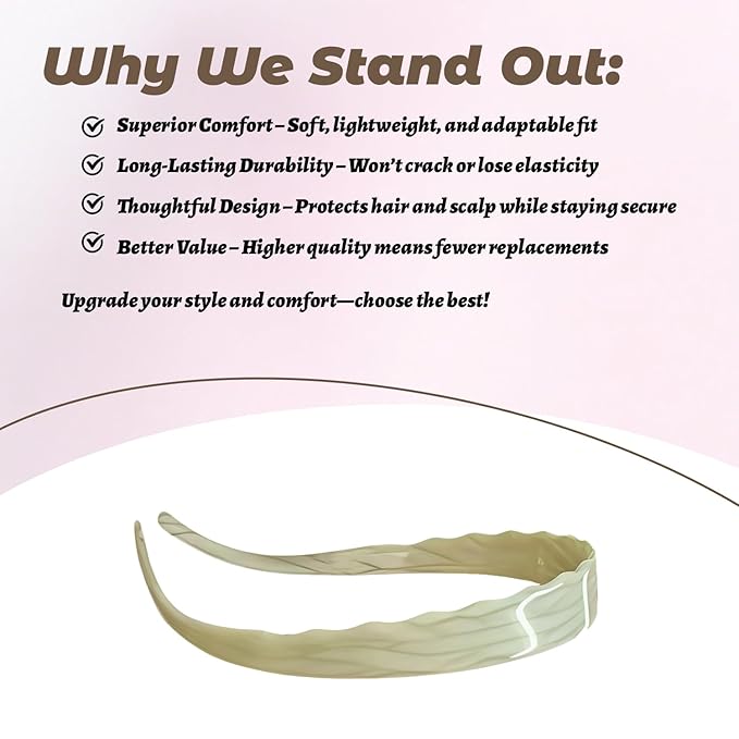Acetate Hairbands for Women - Non-Slip Thin Headbands with Teeth, Eyewear-Friendly Design, 90s Retro Hair Accessories, No Pressure & No Headache Sunglasses Headband (Beige)