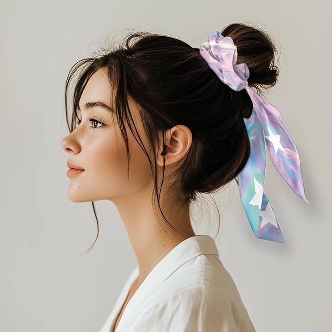 Star Hair Ties for Women Bow Purple Pink Satin Hair Ties No Damage Long Hair Fashion Ponytail Holder Soft Knotted Bow Pack of 2