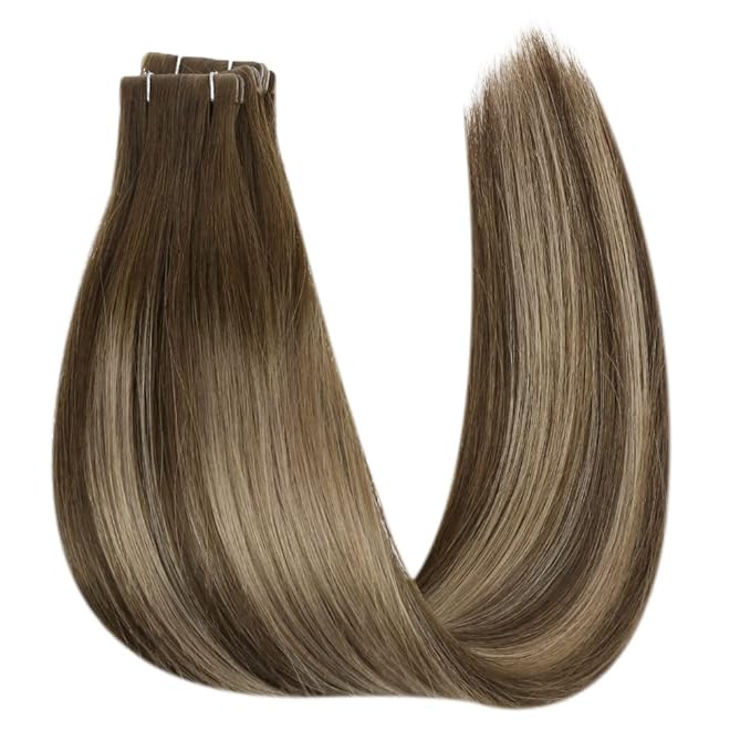 Full Shine Virgin Injection Tape in Hair Extensions Color 4 Brown Fading to 27 Blonde And 4 Injected Tape in Hair Extensins Machine Remy Seamless Tape in Extensions 18 Inch 12.5 Gram 5Pcs