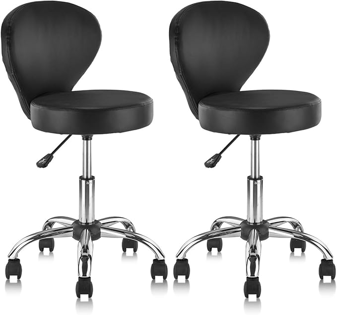 Set of 2 PVC Faux Leather Rolling Swivel Salon Stool Chair with Wheel Back Lumbar Support Seat Height 22 in Diameter 15 Inch Adjustable Hydraulic Chair for Beauty Barber Manicure Lash 2 Pack