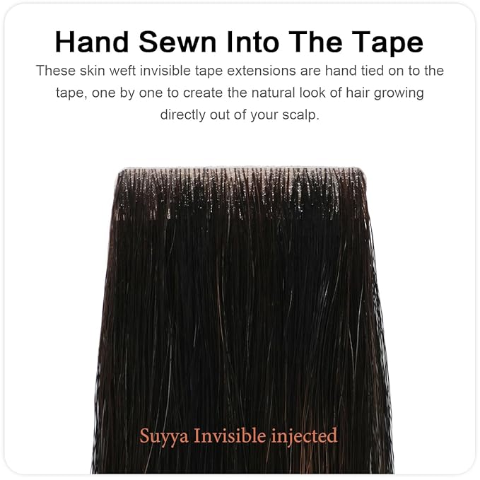 SUYYA Invisible Tape in Hair Extensions Human Hair Seamless Injected Hand-Tied Pro Virgin Human Hair Tape Ins Balayage Natural Black to Chestnut Brown 20PCS 40G/Pack Straight(14 inch #P1B/6/T1B)