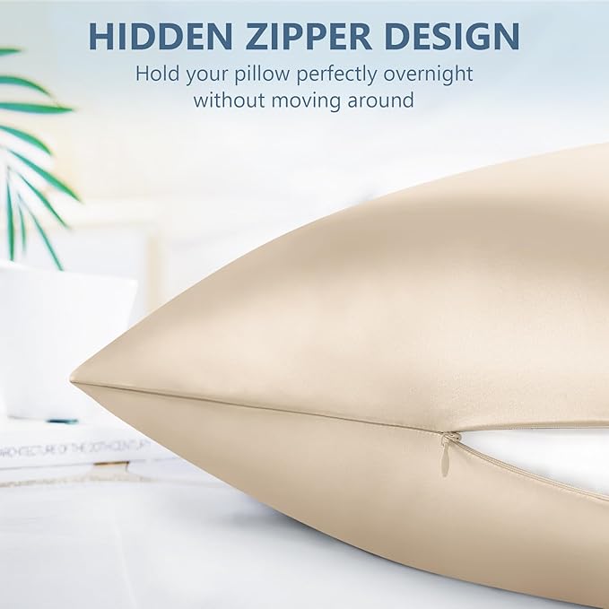 Silk Pillow Cases 2 Pack Queen Size Mulberry Silk Pillowcase Set of 2 for Hair and Skin 30 x 20 Inches 22 Momme Both Side Grade 6A Silk Soft Breathable Cooling with Hidden Zipper, Beige
