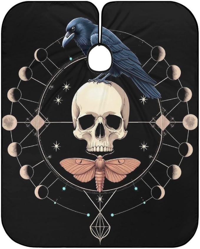 Large Size Salon Barber Cape, Black Raven Moon Skull Professional Hair Cutting Cape for Men Women