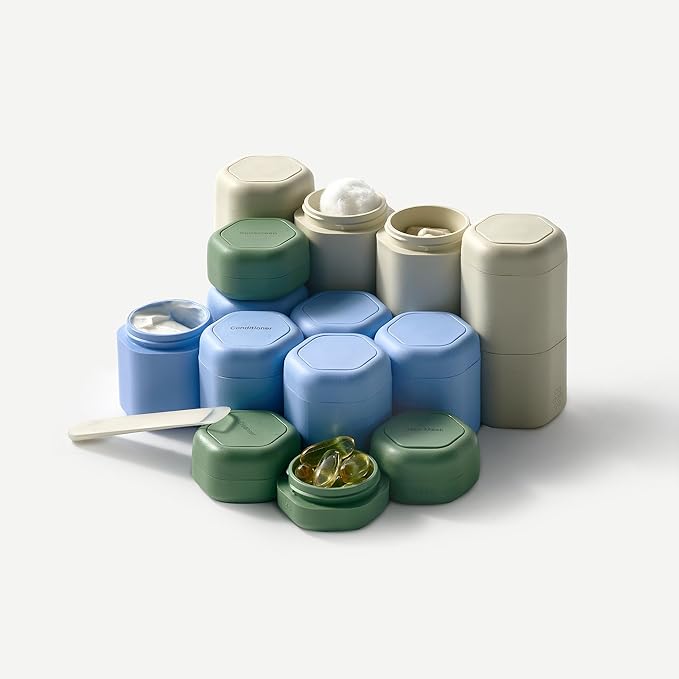 Cadence Travel Containers - Daily Routine Capsule Set - Magnetic Containers with Lids,4 Flex Mediums (1.32oz) & 3 Flex Smalls (0.56oz) - Shampoo, Conditioner, Body Wash, Pills, & More - Petal