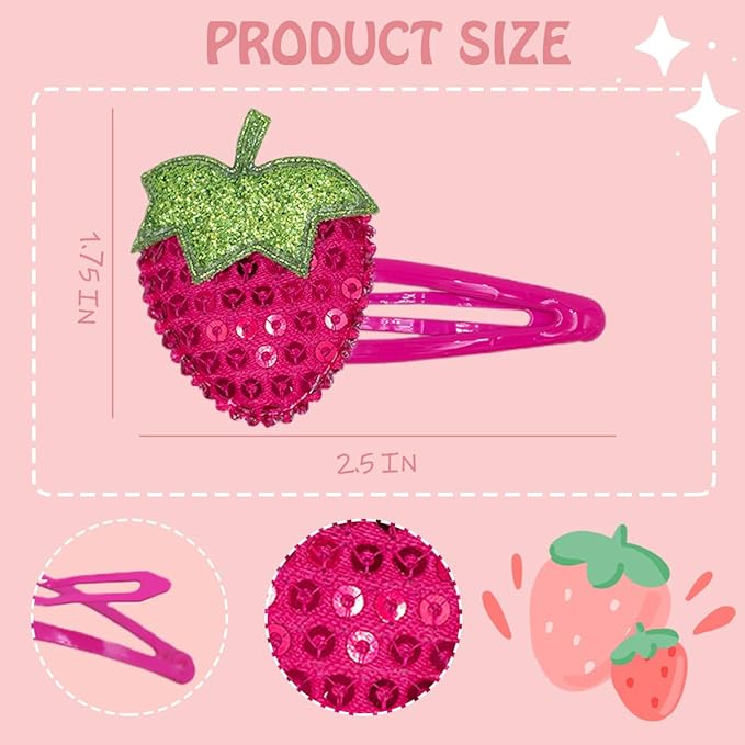 IKOLA Snap Hair Clips for Girls, Sequin Strawberry Hair Clips Water Drop Non Slip Fabric Hair Barrettes Sparkly Hair Accessories for Kids, Toddler Girls - Hot Pink
