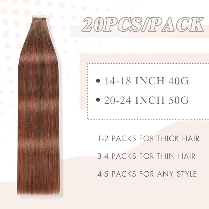Chocolate Brown to Auburn Brown Tape in Hair Extensions Human Hair, 20pcs 16 Inch Remy Hair Extensions Straight Human Hair Tape in Extensions Skin Weft Tape Extensions Human Hair (#4/33/4,16 Inch)