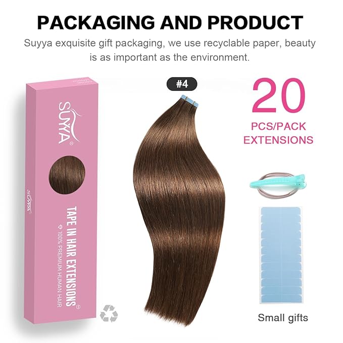 SUYYA Tape in Hair Extensions Chocolate Brown 100% Remy Human Hair 20 inches 20pcs 50g/pack Straight Seamless Skin Weft Tape Hair Extensions(20Inch #4 Dark Brown)