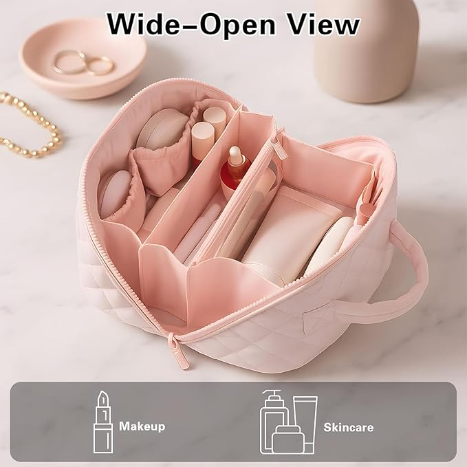 Cosmetic Bag for Travel, Large Capacity Pouch Purse Organizer, Waterproof Puffy Padded Make Up Toiletry Bag for Women (Khaki)
