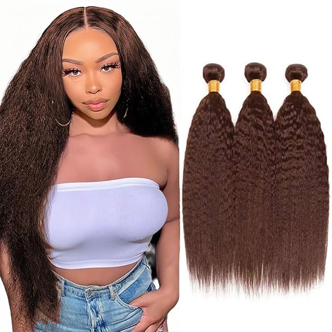 Brown Kinky Straight Bundles Human Hair Color 4 Bundle Niegmeag Virgin Soft and Sikly Remy Hair 3 Bundles 16 18 20 Inch Double Weft Color 4 Yaki Straight Bundle