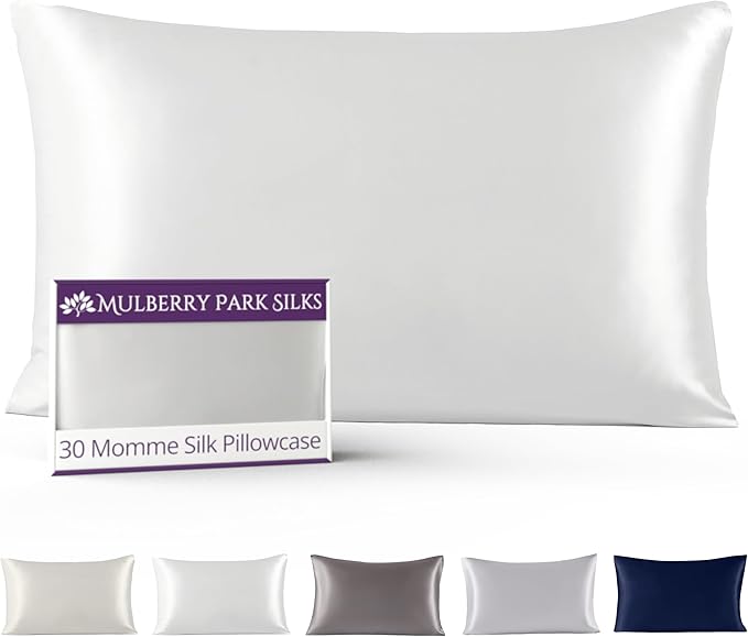 Mulberry Park 30 Momme 100% Pure Mulberry Silk Pillowcase - Luxury Charmeuse Weave for Hair and Skin, Cooling Silk Pillow Cover for Beauty Sleep - Queen Size 20"x30" / White