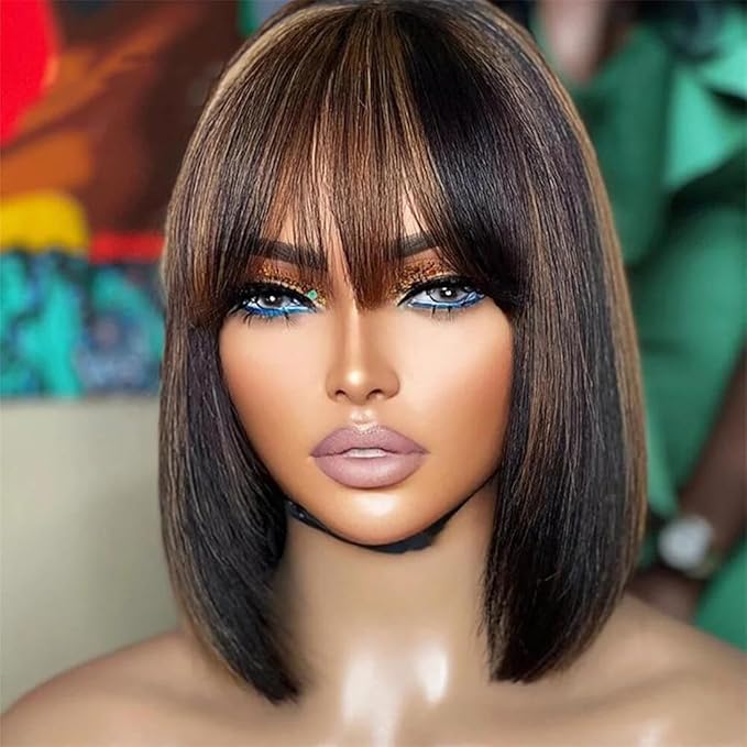 Bob Wig Human Hair with Bangs Glueless 2.5x1 HD Lace Colsure Wigs Human, Bob Wig with Brown Highlights, Ready to Go Short Wigs For Women Beginner Friendly 14 Inch