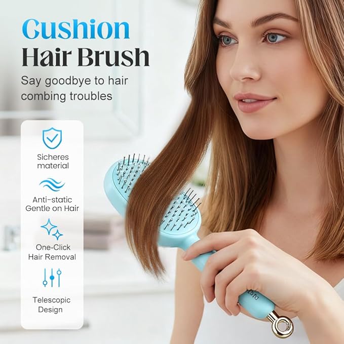 Retractable Cushion Massage Comb, 2026 New Self Cleaning Hair Brush, Anti Static Self Cleaning Hair Brush for Women Men (Pink)
