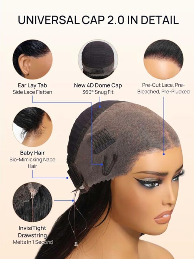 KLAIYI Water Wave Pre Cut 360 Full Lace Frontal Glueless Wig Human Hair Drawstring Pre Plucked Bleached Bye Bye Knots Pre Everything Ready to Wear And Go Curly Beginner Wig with Baby Hair 180% 16Inch