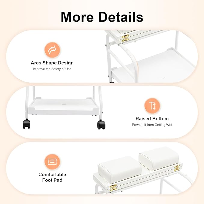 Beauty Salon Nail or Foot Bath Spa, 2Tier Portable Esthetician Trolley Cart Pedicure Manicure Funiture Massage Table Salon Supplies with 4 Wheels for Foot Rest, Hair Salons, Home (White)