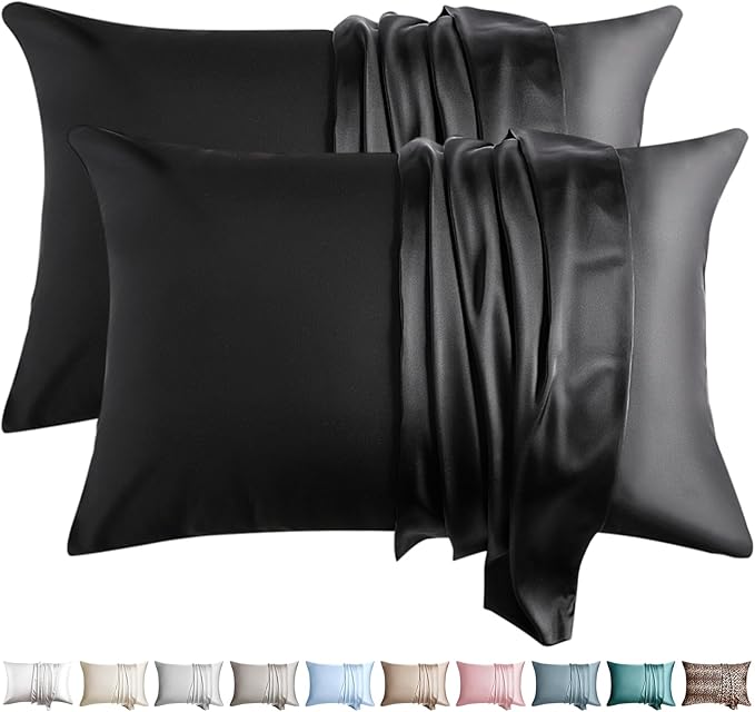 100% Silk Pillow Cases 2 Pack Queen Size Mulberry Silk Pillowcase for Hair and Skin Set of 2 Highest Grade 6A Silk Soft Breathable Cooling with Hidden Zipper, Black