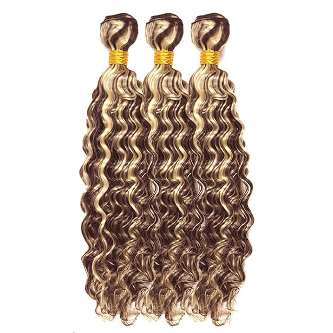 Highlight Bundles Human Hair P4/613 Deep Wave Bundle 16 18 20 Inch Niegmeag Brazilian Virgin Remy Hair Extensions Double Weft 2 Tone Brown and Blonde Bundles 300g