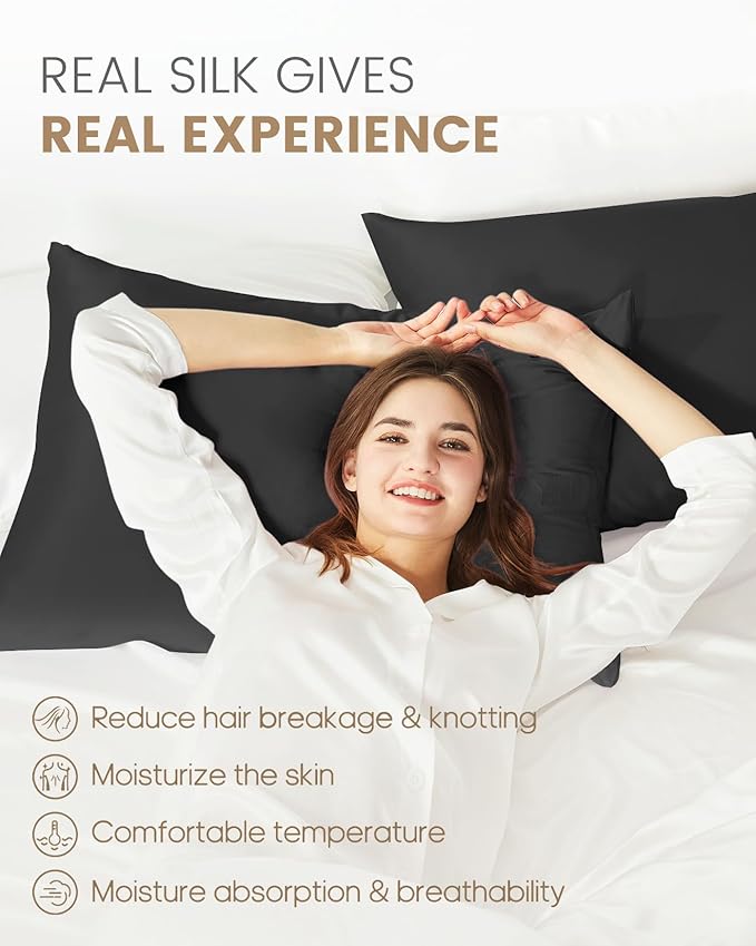 THXSILK 100% Mulberry Silk Pillowcase for Hair and Skin, Both Sides Pure Natural Silk, Ultra-Soft and Breathable Black Zipper Pillowcase, California King Size 20"x40"
