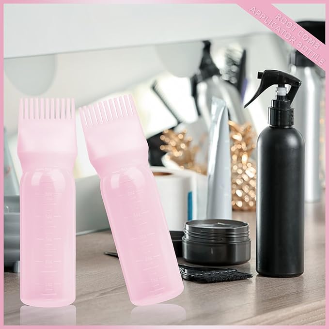 BLAAROOM 2Pack Root Comb Applicator Bottle - 6 Oz Hair Oil Applicator, Dye Bottle Tools with Oil Dispenser & Root Comb Brush - Pink