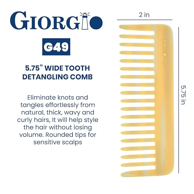 Giorgio G30 Large 5.75 Inch Hair Detangling Comb, Wide Teeth for Thick Curly Wavy Hair. Long Hairs Detangler Comb For Wet and Dry. Handmade of Cellulose, Saw-Cut, Hand Polished, Ivory 2 Pack