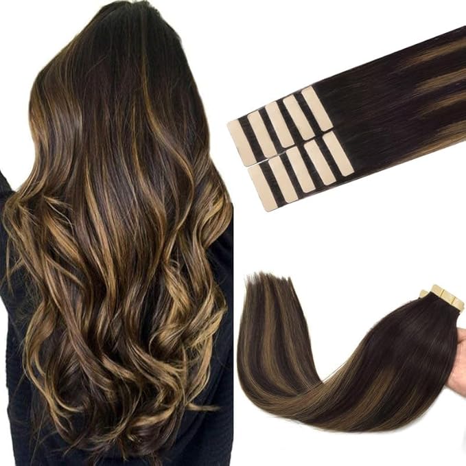 GOO GOO Tape in Hair Extensions Human Hair, 2/6/2 Balayage Dark Brown to Chestnut Brown, 20inch 30g 10pcs, Skin Weft Seamless Invisible, Silky Straight with Thick Ends, Remy Human Hair