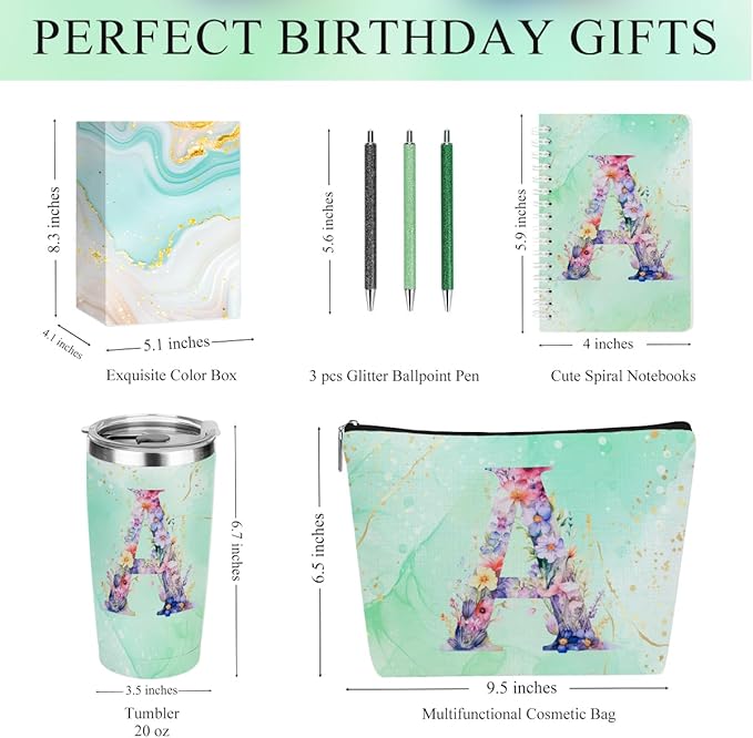 Personalized Gifts Monogrammed Birthday Gifts for Women, Bridesmaid Bachelorette Party Appreciation Christmas Initial 20 oz Tumbler, Makeup Bag Pens Journal Notebook 6 Set, (Aesthetic Green Flower A)