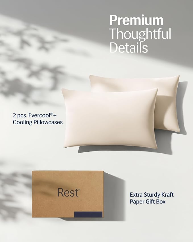 REST® Evercool®+ Cooling Pillowcases Standard - 2 Pillowcases for Sensitive Skin, Silver Infused Fabric for Hygienic Sleep, Silky Smooth for Curly Hair, High Elastic for Snug Fit (19x29 inches)