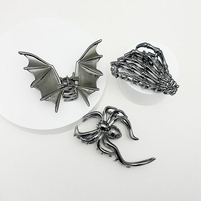 3 Pieces Large Metal Spider Net Bat Hand Hair Claw Clips for Women and Girls Thick Long Hair, Gothic Decor Skeleton Spooky Hair Styling Accessories for Halloween Christmas Gifts