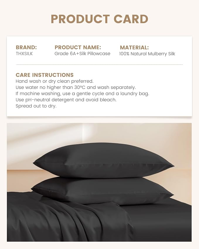 THXSILK 100% Mulberry Silk Pillowcase for Hair and Skin, Both Sides Grade 6A+ Pure Natural Silk, Soft and Breathable Black Zipper Pillowcase, Queen Size 20"x30"