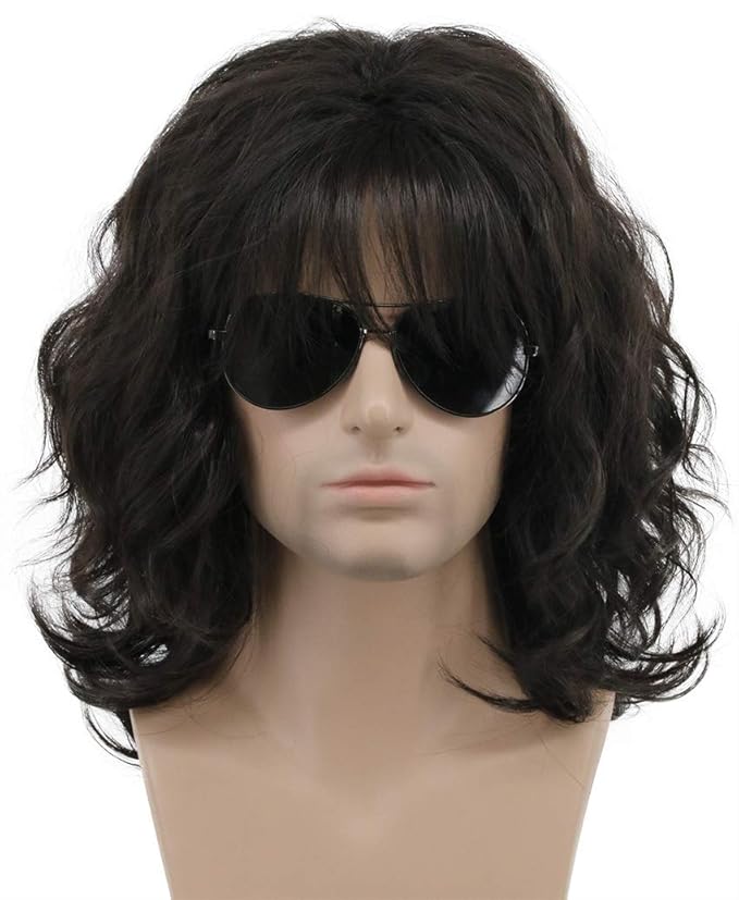 karlery California 70s 80s Rocker Wig Men Women Long Curly Dark Brown Halloween Costume Anime Wig