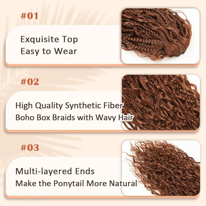 Drawstring Ponytail for Women Boho Box Braids with Long Wavy Hair Ponytail Extension Synthetic Hair Extensions Ponytail for Daily Use (30#, 24 Inch)