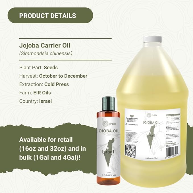 Jojoba Oil - Direct from EIR Oils' Farm in Israel - 100% Pure Carrier Oil for Hair, Face, and Skin - Hand-Picked, Cold-Pressed Carrier Oil (8oz)