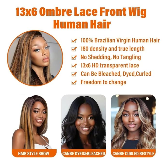13x6 Ombre Lace Front Wigs Human Hair for Women 180 Density 4/27 Highlight Colored HD Transparent 26 Inch Straight Lace Front Wig Human Hair Pre Plucked Glueless Lace Frontal Wigs