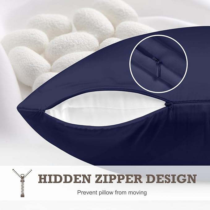 100% Mulberry Silk Pillowcase 2 Pack,Standard Size Silk Pillow Cases for Hair and Skin,Silky Smooth Bed Pillow Cover with Hidden Zipper,Natural Silk Pillow Case Set of 2 (Navy Blue, Standard 20X26)