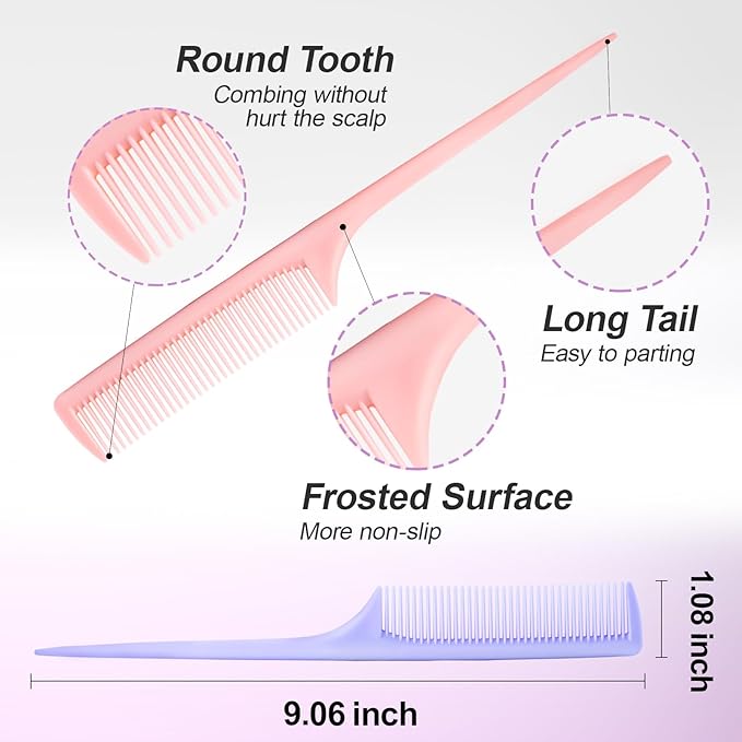 Rat Tail Combs for Parting,Fine Tooth Teasing Comb-Heat Resistant Anti Static Parting Combs for Braiding,Root Teasing-Styling Combs Set for Women,Suit for Wet Dry Hair((Pink&Purple)