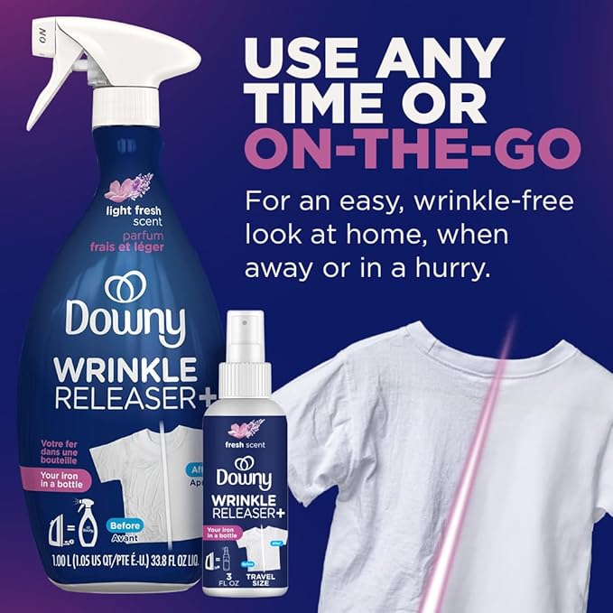 Downy Wrinkle Release Spray Travel Size, All In One Formula, Removes Wrinkles, Static and Odor Eliminator, Light Fresh Scent, 3 Fl Oz, Pack of 12