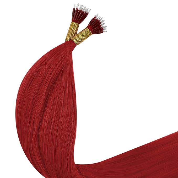 YoungSee Nano Ring Hair Extensions Red Nano Beads Hair Extensions Human Hair 22 inch Nano-tip Extension Red Nanolink Remy Hair Colored for Holiday Dinners 25g 25s