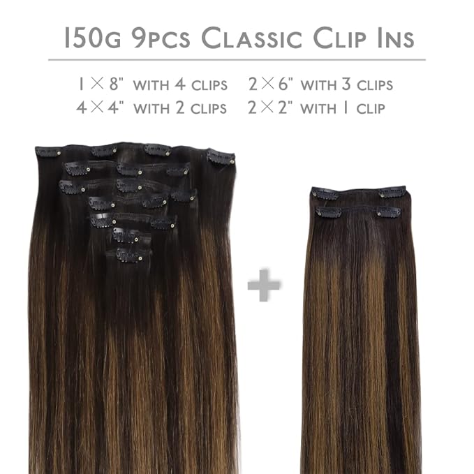 WENNALIFE Clip in Hair Extensions, 150g 22 Inch 9pcs Balayage Dark Brown to Chestnut Brown Remy Hair Thicker Double Weft Extensiones De Cabello Humano Con Clip Ins Straight Full Volume