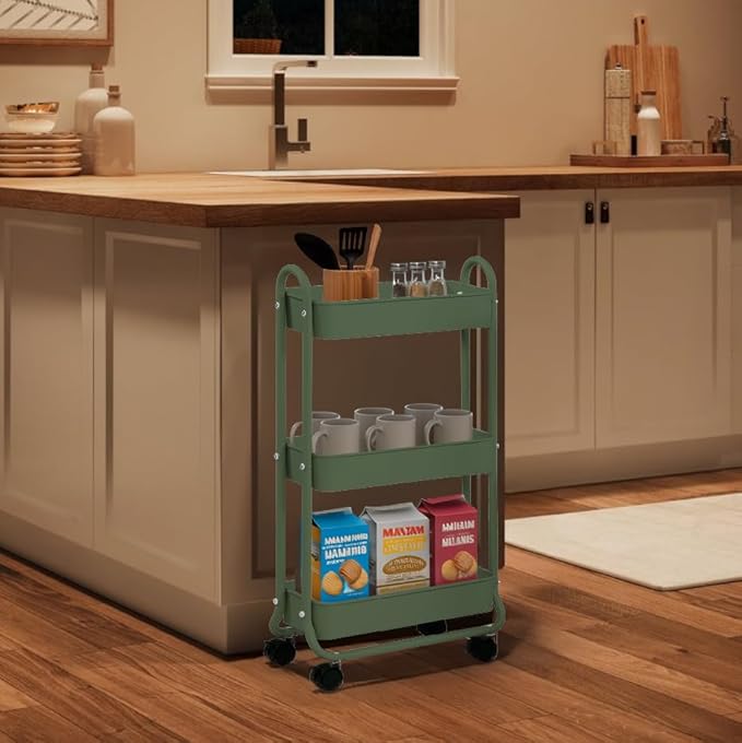 SunnyPoint Slim Rolling Storage Cart, 3 Tier Bathroom Storage Organizer Bathroom, Laundry Utility Cart (Turq)