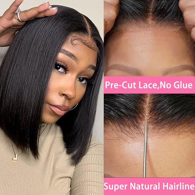 Wear and Go Glueless Bob Wig, 10 Inch, 180% Density, Human Hair, Natural Black, No Shedding, No Tangle, Adjustable Elastic Cap
