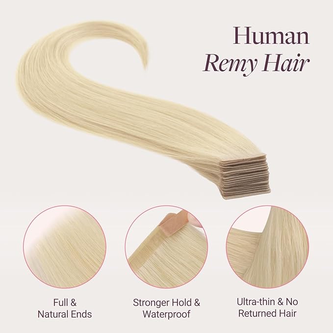 GOO GOO Genius Tape in Hair Extensions, Hand Tied Tape Weft, 60A Platinum Blonde, 14inch 50g 20pcs, Remy Human Hair, Seamless Invisible Tape, Natural Blend, Lightweight